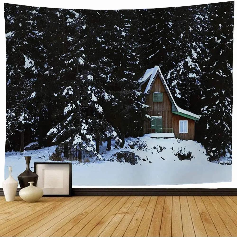 Snow House Tapestry Winter Landscape Tapestry Snowy Tree Woodland Tapestries Wall Hanging for Bedroom Living Room Dorm Office