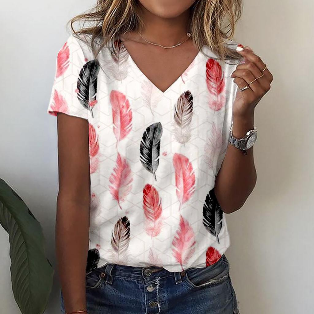 Dámské letní topy Ležérní tričko s květinovým potiskem do V s krátkým rukávem