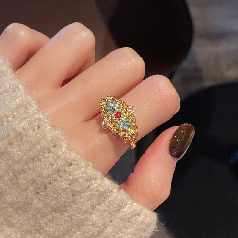 Medieval Trendy Enamel Burnt Blue Lace Gourd Open Ring Light Luxury Exquisite Oil Drop Ring Adjustable opening