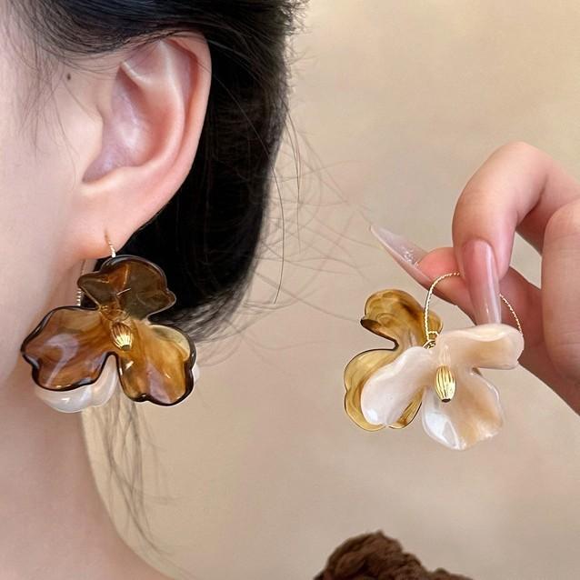 Silver Needle Retro Resin Geometric Round Oval Pendant Earrings Maillard Style Stud Earrings Niche Design Earrings Women