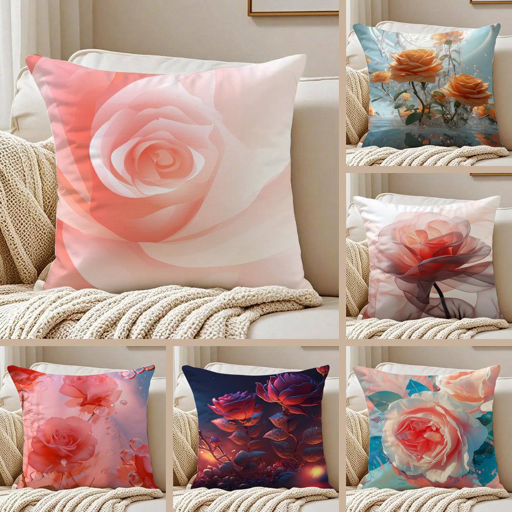 Abstract Rose Flower Pillow Case Silky Elegant Comfort Sofa Bed Invisible Zipper