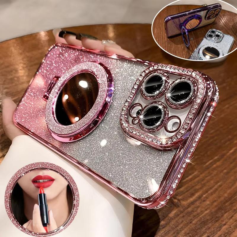 Luxury Diamond Clear Glitter Magnetic Case for iPhone 16 15 14 13 12 11 Pro Max Plus With Mirror Phone Holder Stand Soft Cover