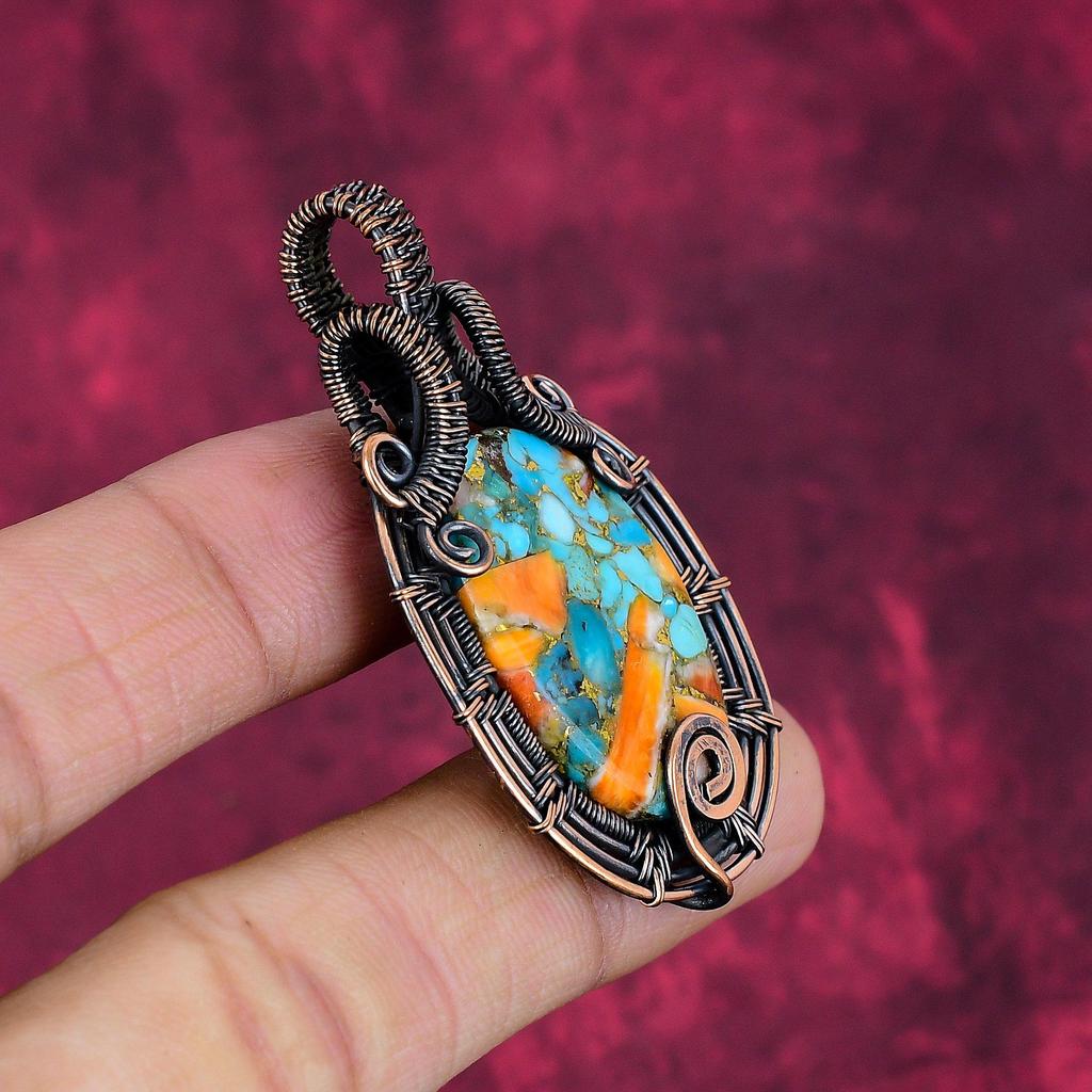 Spiny Oyster Copper Turquoise Pendant Copper Wire Wrapped Gemstone Jewelry