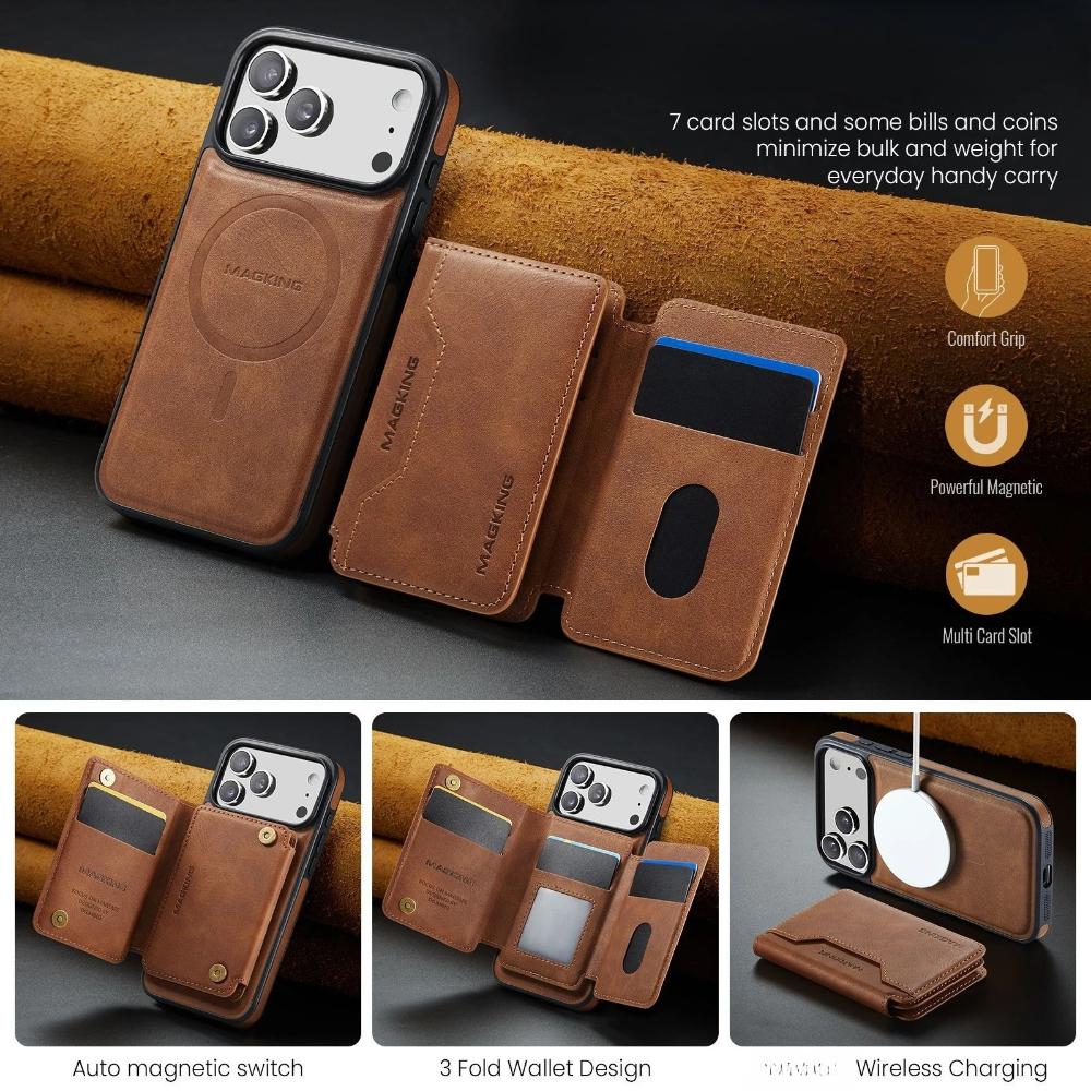Luxury Leather Phone Case for iPhone 17 Pro Max Air 16e 16 Plus 15 14 13 12 Magnetic Attraction Detachable Card Holder Wallet