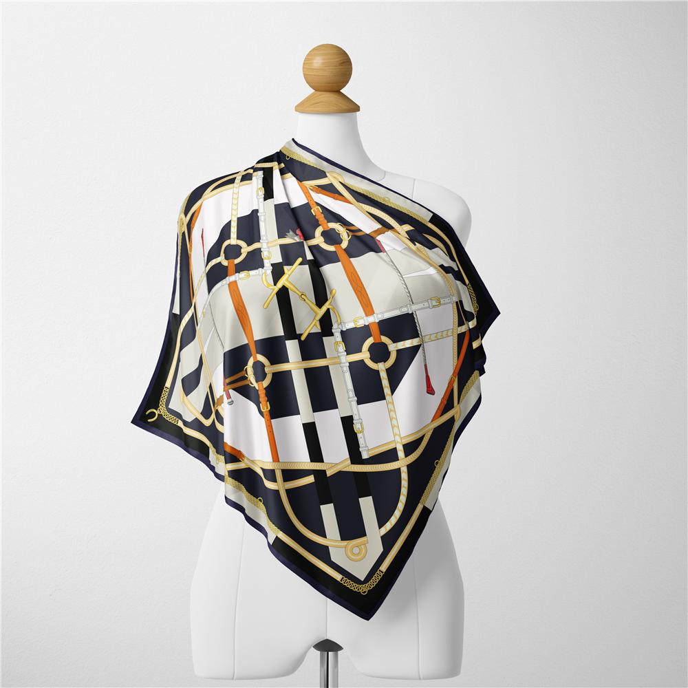 Twill Silk Scarf Woman Melt Chain Print Square Scarves Wraps Bandana Small Hijab Silk Foulards Lady Tie Headband Neckerchief