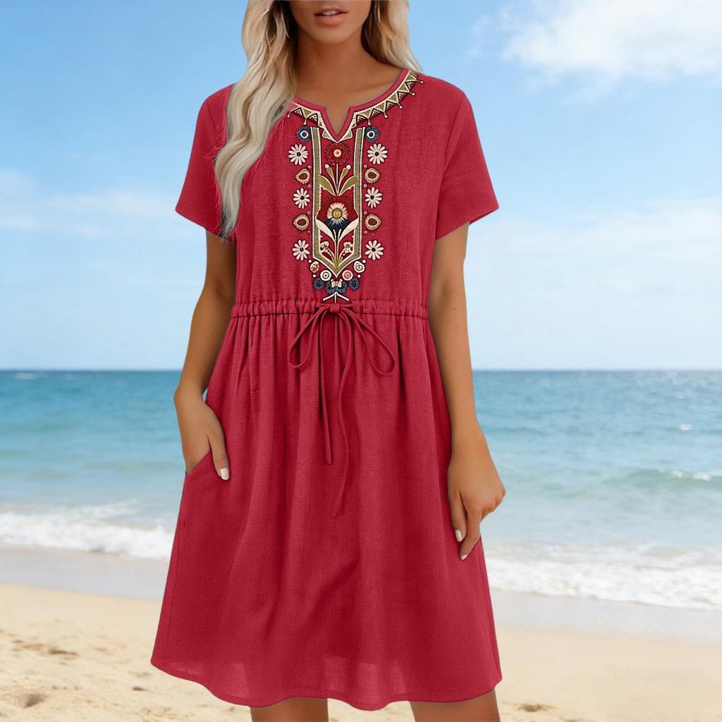 Women’s Short Sleeve Embroidered Bohemian Style Drawstring Waist Casual Loose Fit Dress with Pockets for Daily Wear