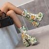 2025 Plus Size Embroider Metal Belt Buckle Catwalk Fashion Boots Ultra-High Platform Chunky Heel Embroidered Floral Mid Boots