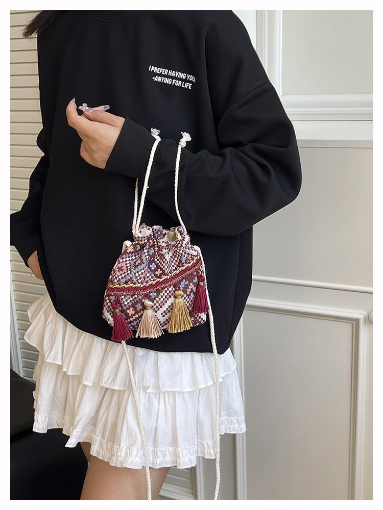 Ethnic Style Women's Tassel Drawstring Crossbody Bag