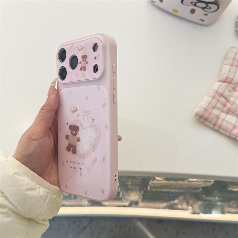 Cute Pink Heart Bear Phone Case For iPhone 17 16 15 Pro Max Sweet Strawberry Dessert Cartoon Aesthetic Shockproof Cover