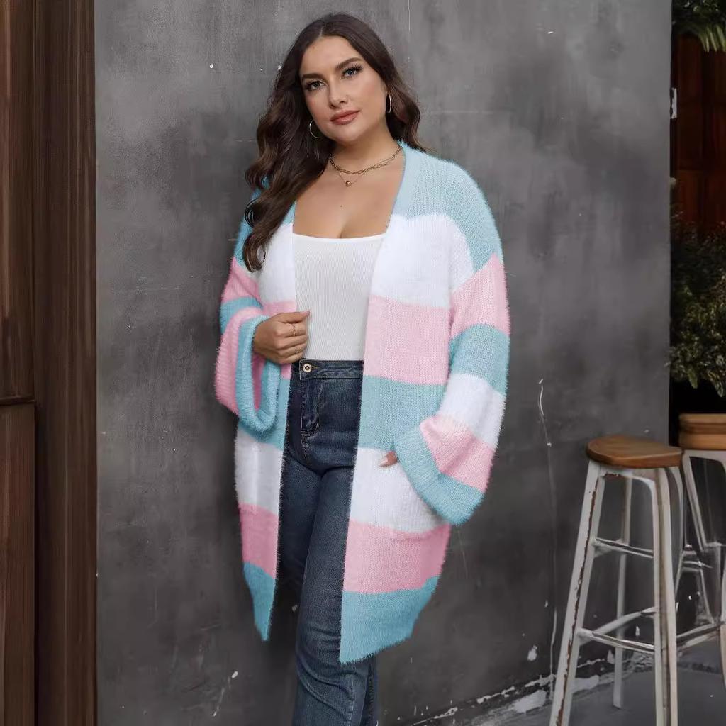 Women S Plus Size Striped V Neck Long Sleeve Knit Cardigan Coat