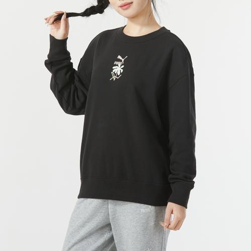 PUMA Women's Black Solid Color Embroidered Crew Neck Long Sleeve Sweatshirt