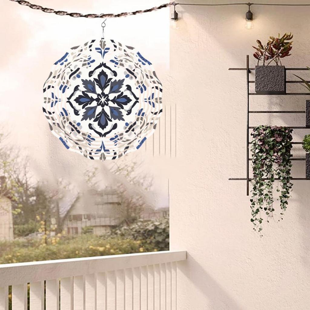 Blue White Porcelain Metal Wind Chime with Intricate Floral Design for Garden Lawn Indoor Outdoor Decor All Seasons Hanging Ornament
