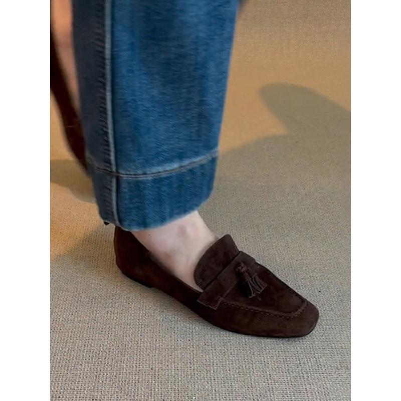 Sheepskin version~ genuine leather retro square head fringed one-pedal loafers women's commuting versatile flat-soled small leather shoes single shoes