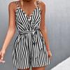 Dame Overall Ärmellose Tiefen V-ausschnitt Streifen Druck Kontrast Farbe Enge Taille Sommer Strampler Weibliche Kleidung