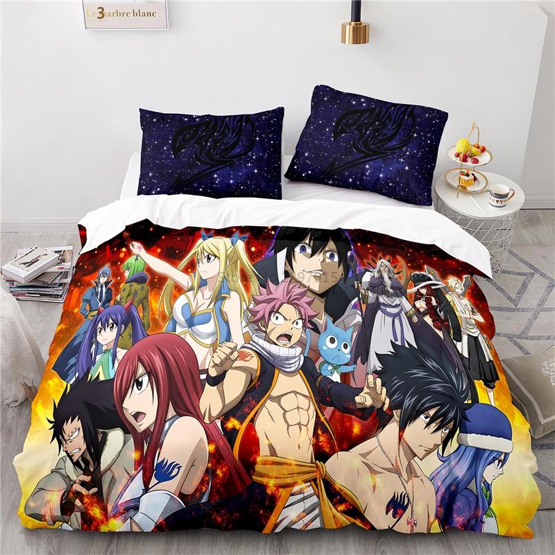 Popularne Anime Fairy Tail Zestaw Pościeli z Nadrukiem 3D Lucy Gray Fullbuster Etherious Nadrukowany Zestaw Poszwy na Kołdrę z Poszewką na Poduszkę