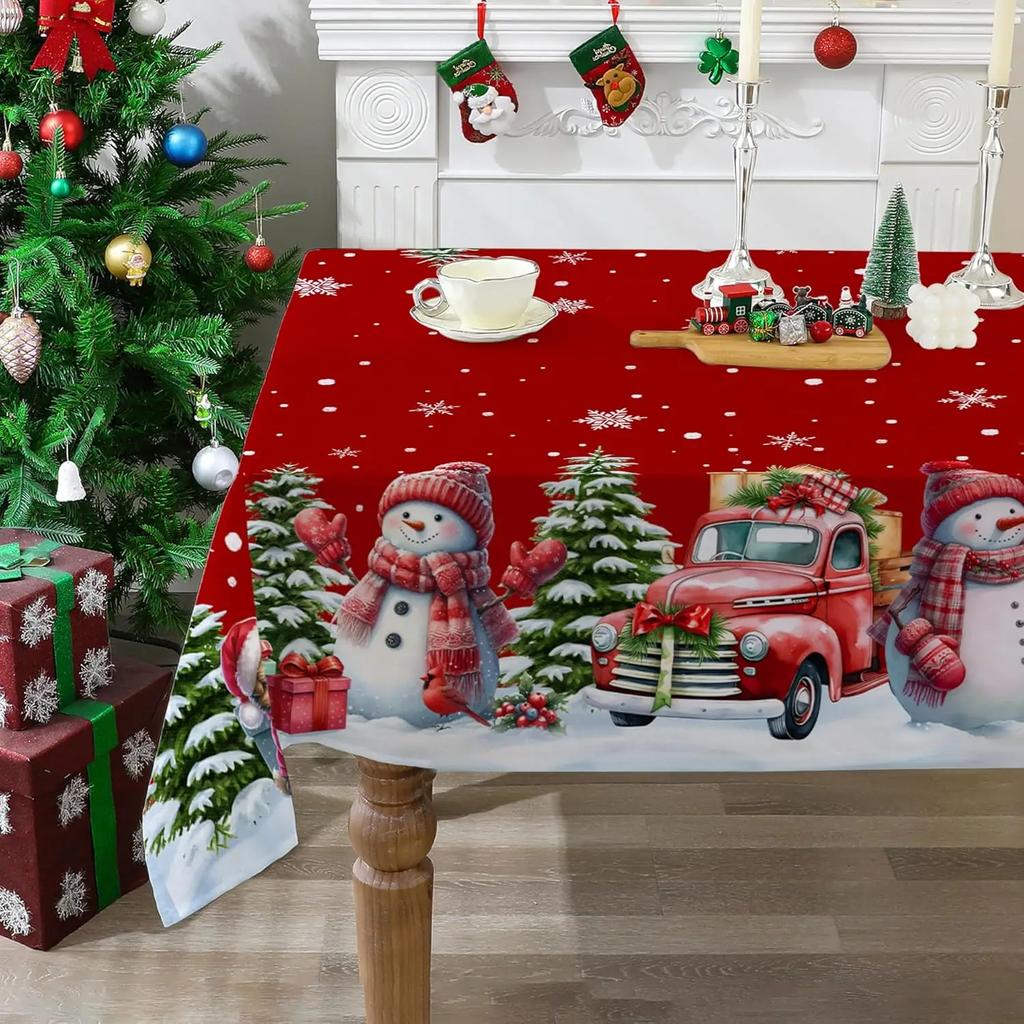Winter Snowflakes Christmas Tablecloth for Dining Kitchen Table Decor, Xmas Tree Snowman Truck Holiday Table Cloth Christmas Decoration