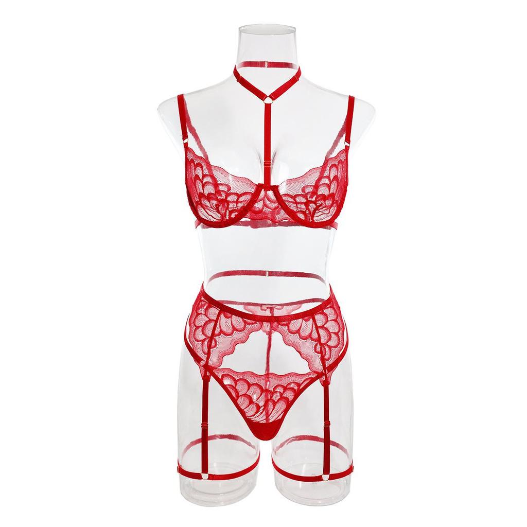 Hot-Selling Lingerie: Sexy Lace Trim Halter Three-Piece Set