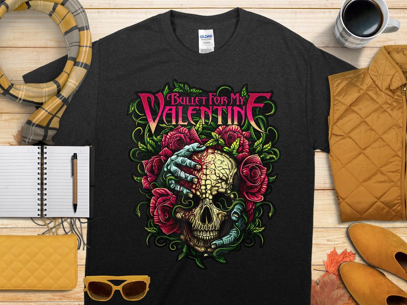 Funny Bullet My Valentine Skull Roses and Red Blood Horror T-Shirt gift for halloween, flower crown T-Shirt, sugar skull shirt, spooky shirt 3XL