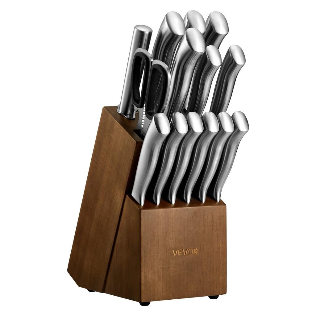 Kitchen Knife Set with Block and Sharpener, 15 Piece German High Carbon Stainless Steel Sharp Knife Set, Kitchen Cutlery with Ergonomic Handle,