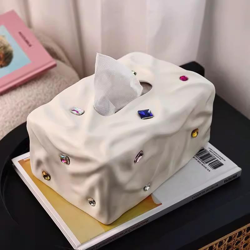 Ceramic Tissue Box Inlaid with Colorful Gemstones Folded Napkin Holder Desktop Storage Container  Toilet Paper Holder