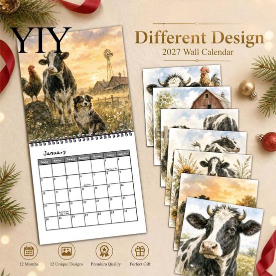 Family Schedule Planner Country Life 2027 Wall Calendar, Jan 2027- Dec 12 Retro Style Art Monthly Planner, Farm Animals Hanging Calendar for