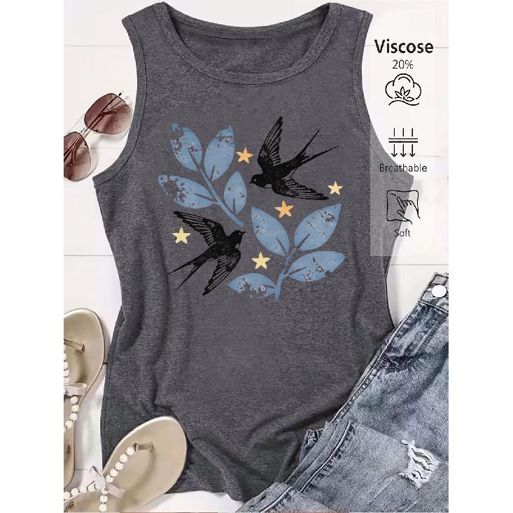 2026 Trendy Vintage Swallow Leaf Star Print Women Sleeveless Tank Top High Quality Casual Spring Summer Vest