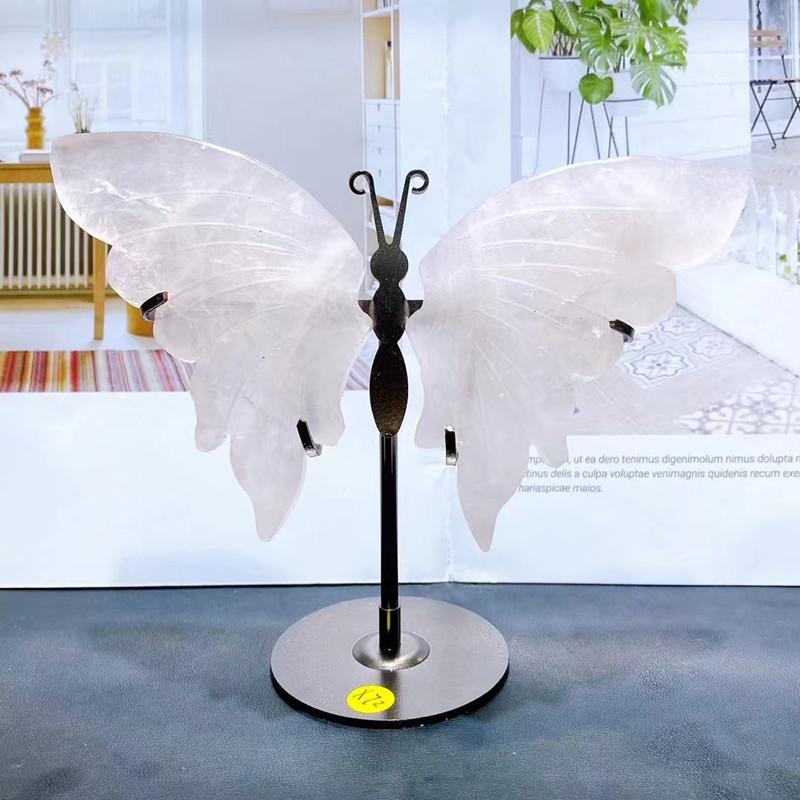 1Pair Natural Crystal Rainbow Fluorite Butterfly Wings Rose Quartz Moss Agate Carving With Stand Home Decoration