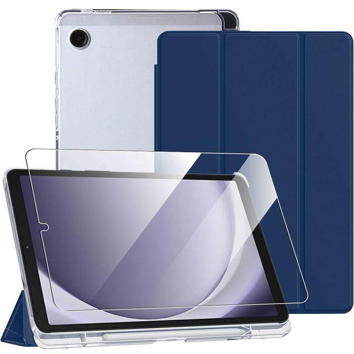 Coque de Protection - BOOLING - Samsung Galaxy Tab A9 - Etui Bleu Marine - Verre Trempé - Compartiment Stylet