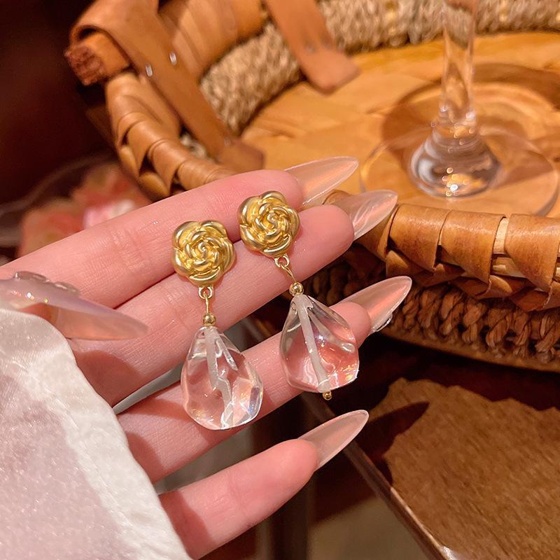 Korean Rose Teardrop Earrings: Green Crystal In French Retro Style for Women