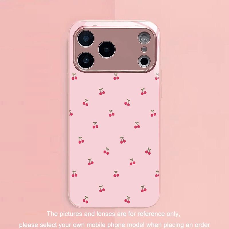 Cute Cherry Pattern Pink Metallic Tempered Glass Phone Case For iPhone 11 12 13 14 15 16 17 Pro Max 15 14 Plus 17 Air 16E Cover