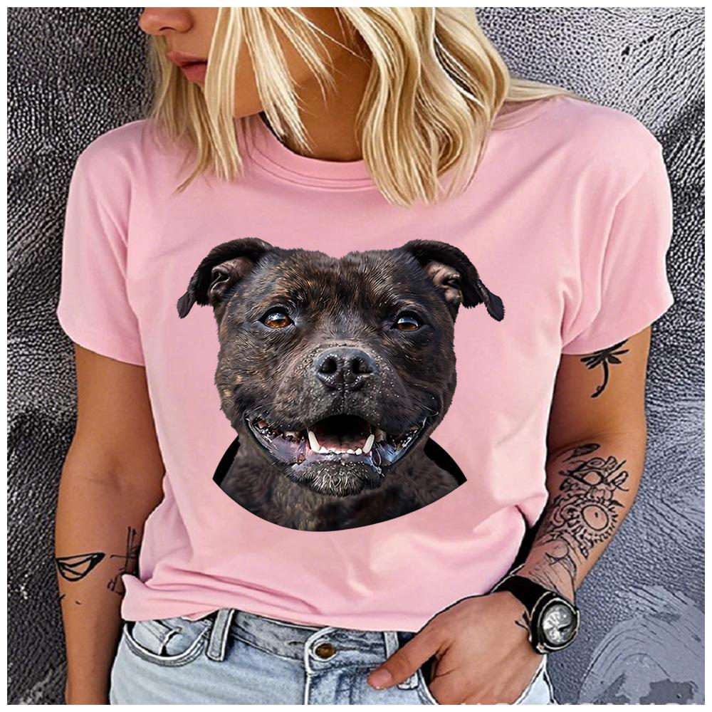 Cotton Cute Brindle Staffordshire Bull Terrier Portrait Tshirt Women Staffy Dog Lover Casual Summer Short Sleeve Graphic T
