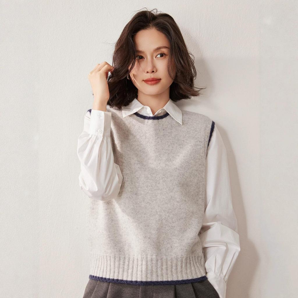 Women's Early Autumn Cashmere Knit Vest - Round Neck Sleeveless Cardigan Pullover