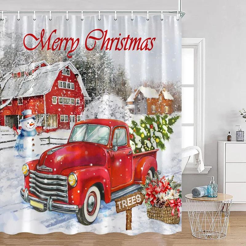 Blue Snowman Shower Curtain Fir Branch Xmas Ball Gift Snowflake Winter Christmas Bath Curtain Set Home Bathroom Decor with Hoo