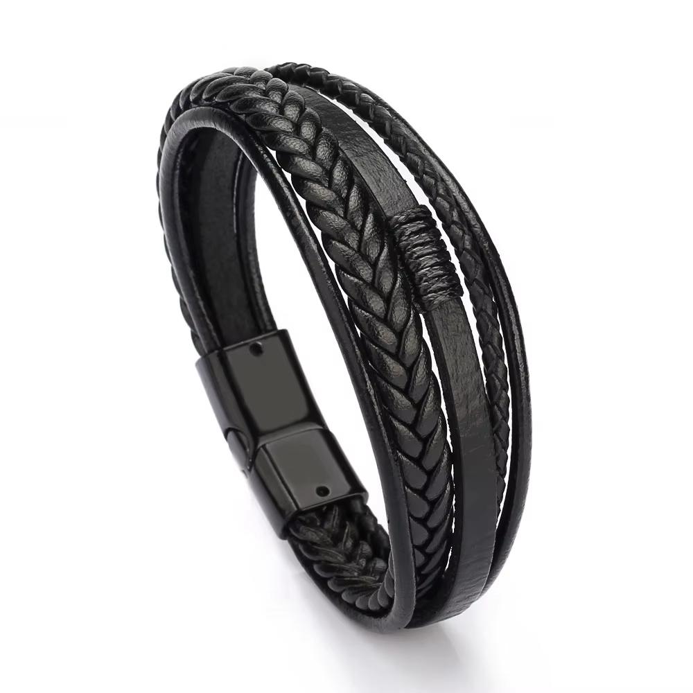 Pulseras Para Hombre Men Multi Layer Magnetic Clasp Custom Leather Wristband Braided Bracelets