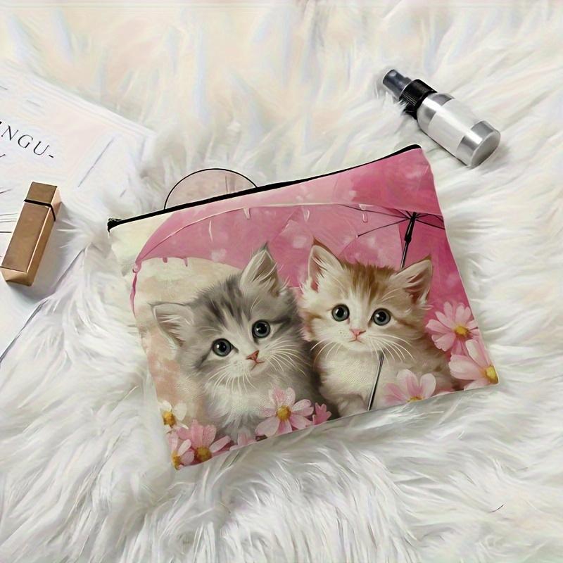 1pc Women'S Cute Cat Print Makeup Bag Sweet Fabric Cosmetic Organizer with Adorable Kittens and Floral Pattern Pouch
