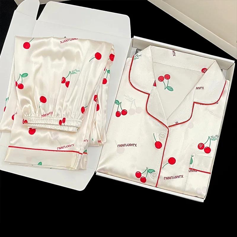 Spring Summer Faux Silk Pajamas for Women Lapel Cardigan Lounge Sets Womens 2 Piece Sweet Floral Home Wear Soft Sleepwear