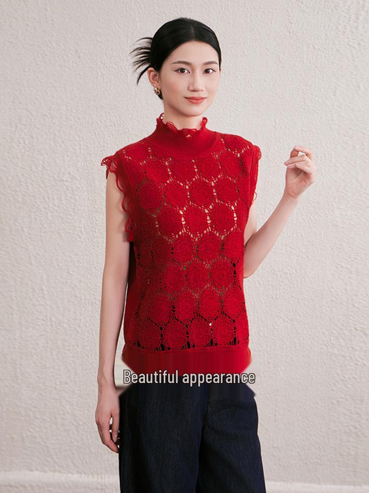 Niche Design Luxury Crochet Knit Wool Sleeveless Cardigan