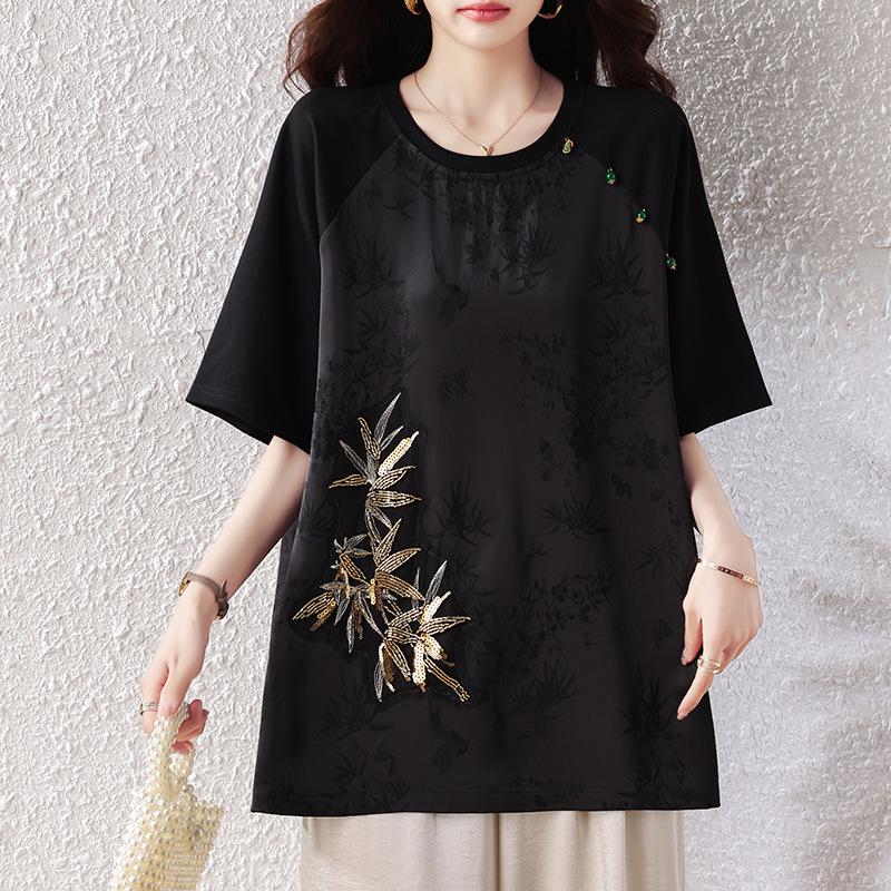 Plus Size Beaded Jacquard Patchwork T-shirt - Women s 2026 Summer Casual Top 4XL