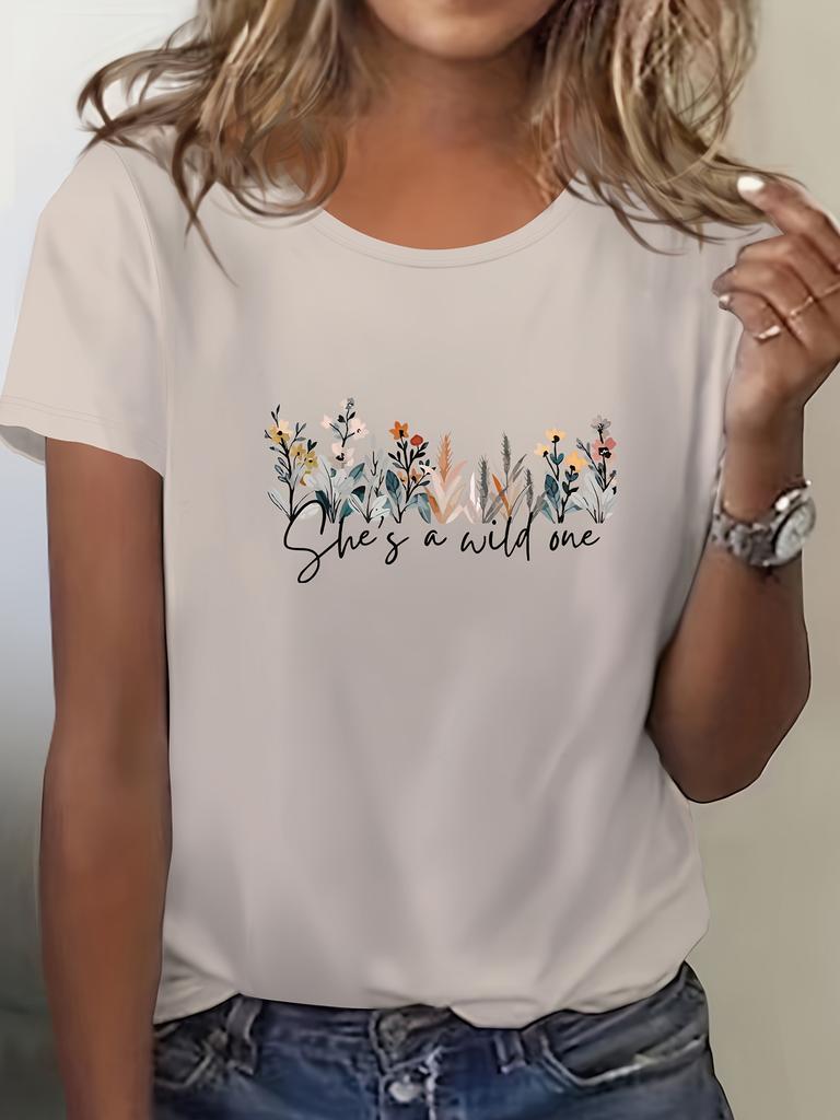 Women's Casual Short Sleeve Crew Neck T-Shirt - Vibrant Blue Floral & Graphic Print with She's Wild at Heart Quote