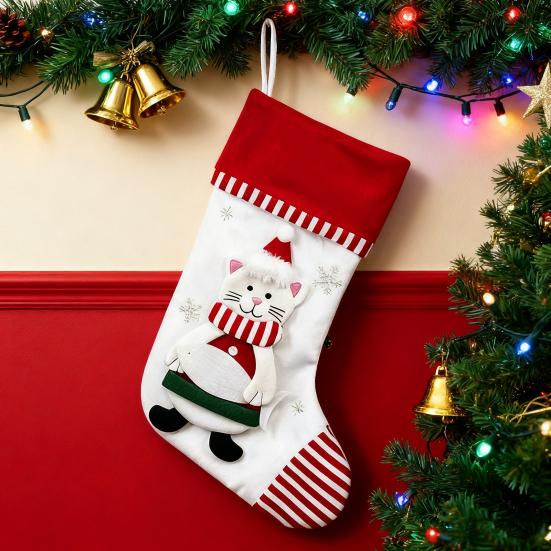 3D Christmas Stocking Santa Snowman Reindeer Cat Dog Pattern Traditional Holiday Hanging Stocking Fireplace