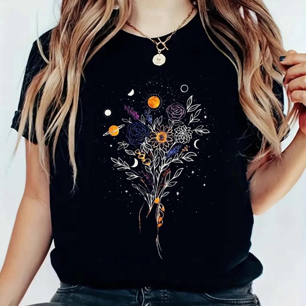 Cute Mushroom Print Pattern, Women's Top Short Sleeve, Women's New Black Print Fashion T-shirt