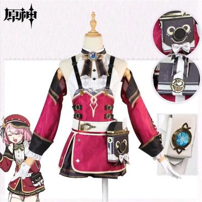 Genshin Impact Charlotte Cosplay Costume Wig Hat Glasses Red Dress Gloves Steambird Journalist Fontaine Girls Women