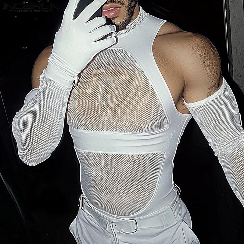 INCERUN Summer Men Oversleeve Mesh Sheer Tanks Sleeveless Party Skinny Tops S