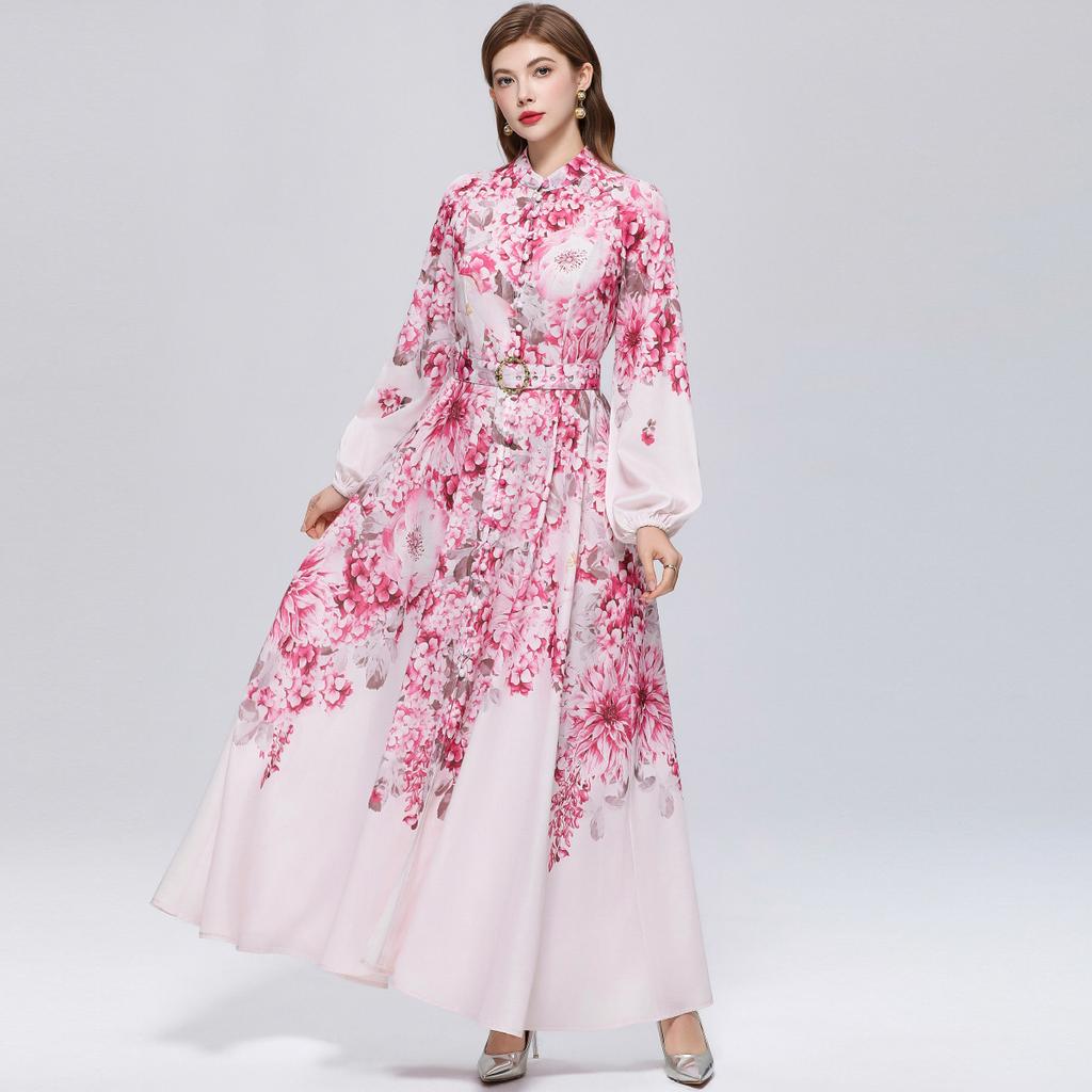 Spring/Summer Romantic Floral Print Stand-Up Collar Bell-Sleeve Slimming Party Dress for Women Elegant Single-breasted Maxi Dress with Belt