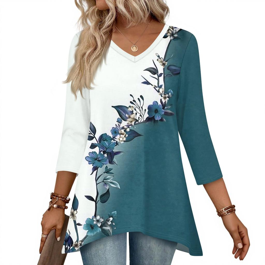 Dámské topy s výstřihem do V a 3/4 rukávem, ležérní košile střední délky, módní tuniky s potiskem