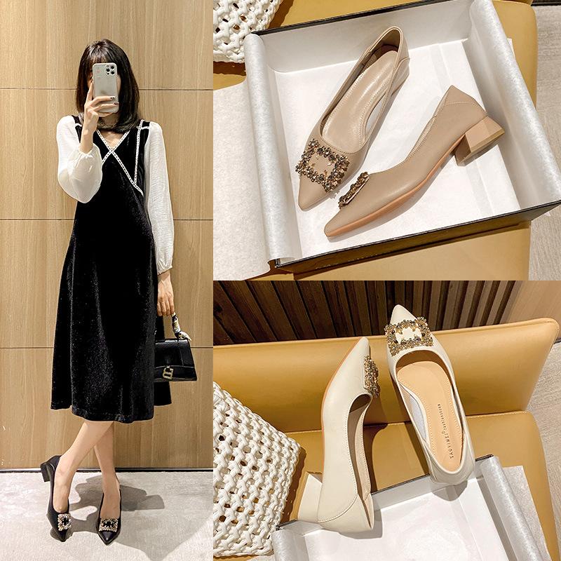 Leather French thick heel low heel single shoes femininity pointed rhinestone square buckle occupation commuter work large size women's shoes