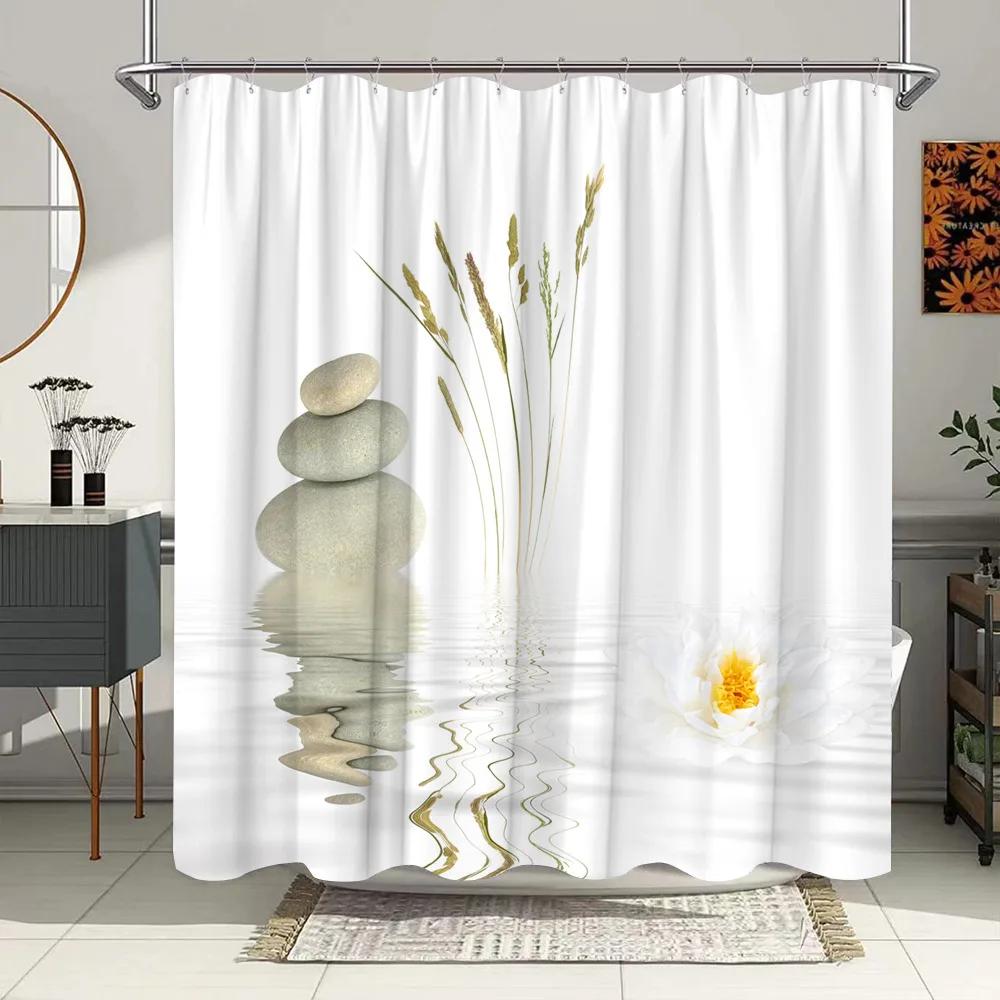 Green Bamboo Zen Stone Shower Curtains Lotus Flowing Water Zen Landscape Shower Curtain Home Bathroom Decoration Set with Hooks
