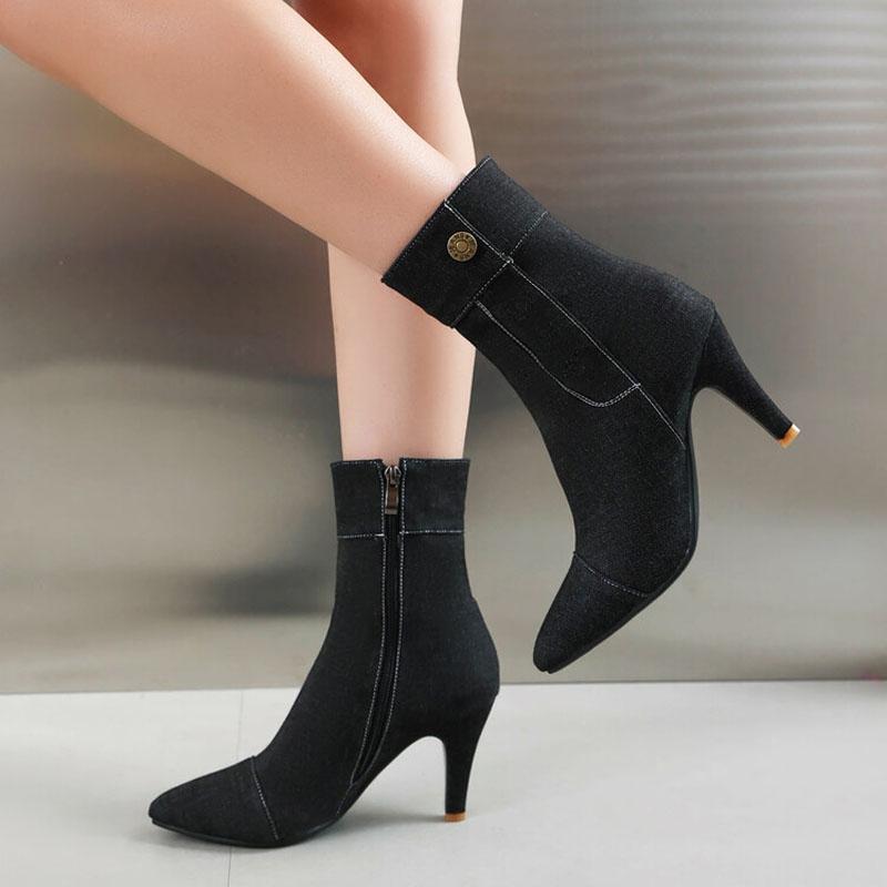 Denim fabric Ankle Boots for Women Fashion Botas Mujer Autumn Winter High Heels Short Boots Ladies Shoes Black Blue WSH4976