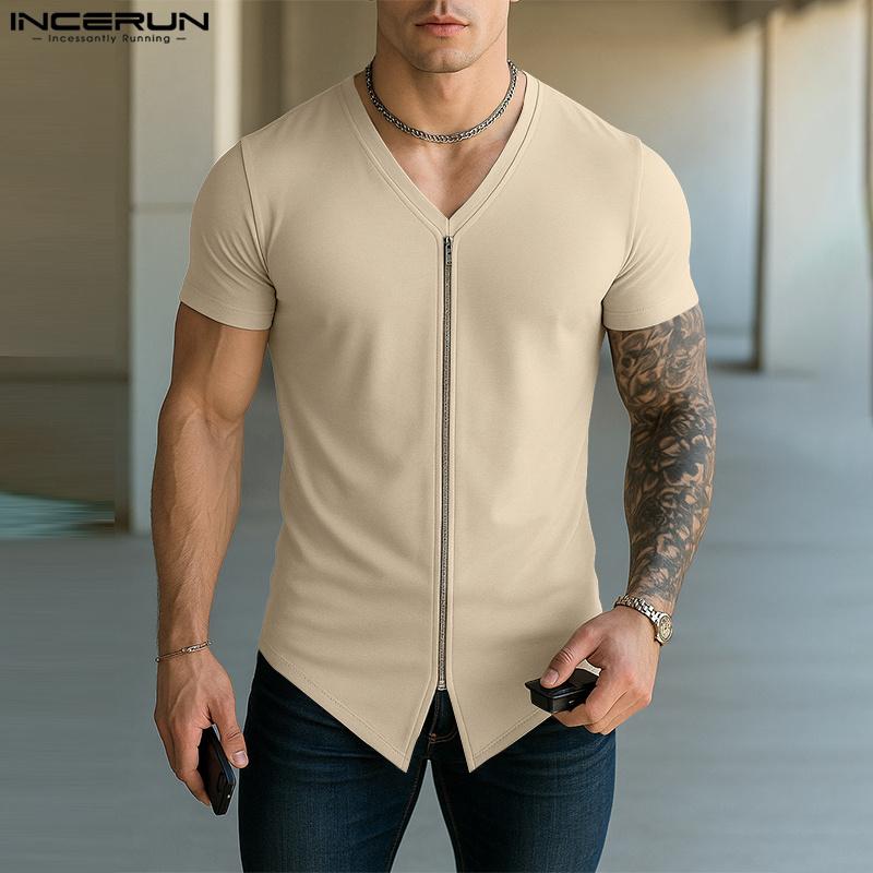 INCERUN T-shirts Homme Col V Zippé Manches Courtes Irrégulier Casual Ajusté