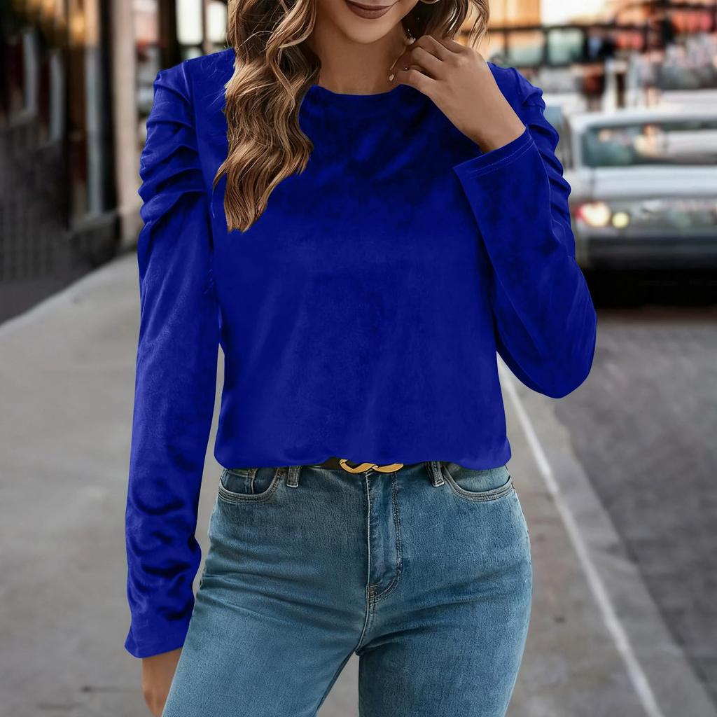 Women's Velvet Puff Long Sleeve Round Neck Pullover Solid Color Casual Top